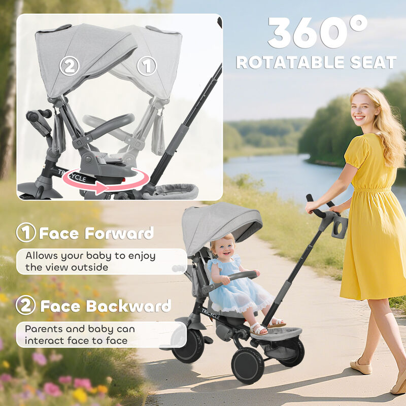 BreeBe 6 in 1 Kids Tricycle with Adjustable Push Handle, Removable Canopy, Reversible Seat image number 4