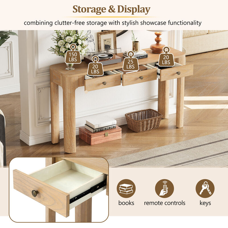 Whisen 52" Rustic Console Table with 3 Drawers, Solid Wood MDF, Sturdy Sofa Table for Entryway Living Room Hallway image number 7