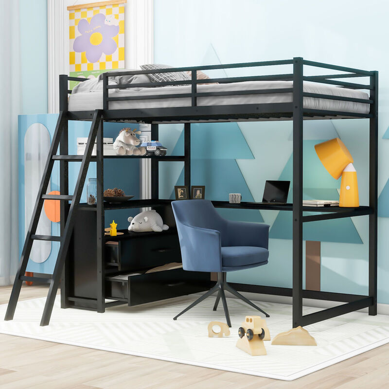 Twin Size Metal&Wood Loft Bed with Desk and Shelves, Two Built-in Drawers, Black