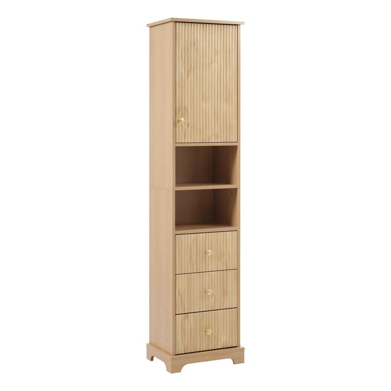 67.7 Inch Tall Freestanding Bathroom Cabinet with Door Adjustable Shelf 3 Drawers and Open Storage Wood Finish with Gold Handles