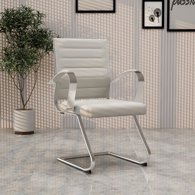 LeisureMod Benmar Guest Office Chair, Ribbed Leather Upholstery with Chrome Arms and Sled Base, Modern Desk Seating for Home or Conference Room