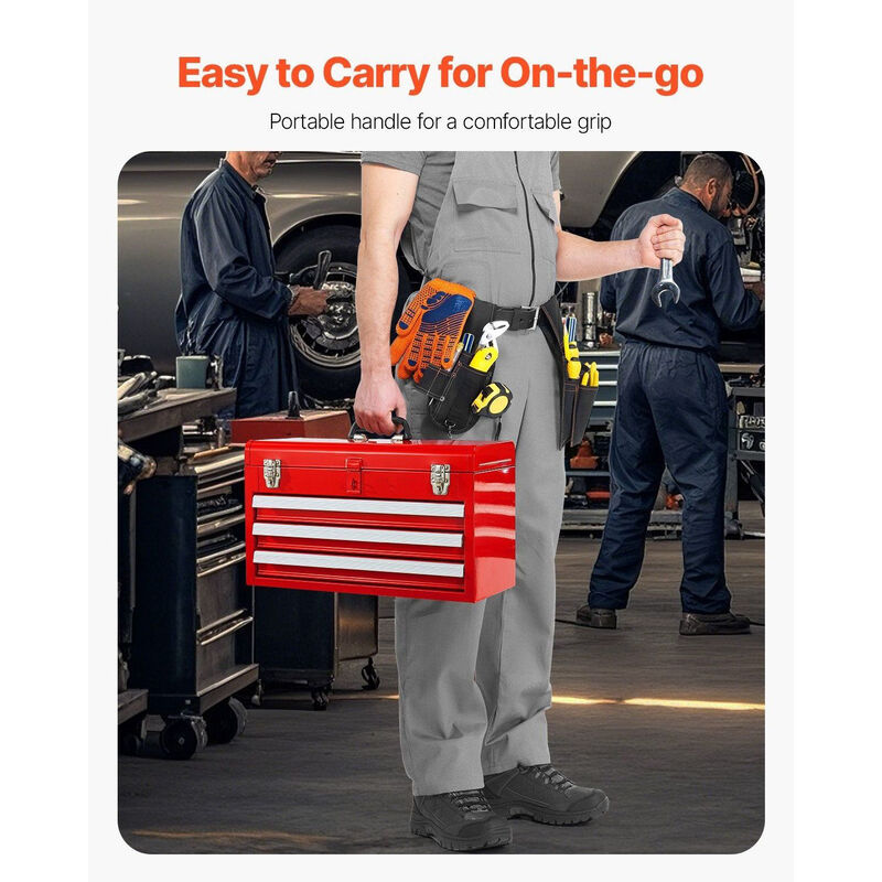 Metal Tool Box with 3 Drawers, Locking Small Tool Chest with EVA Lined Storage-Red image number 6