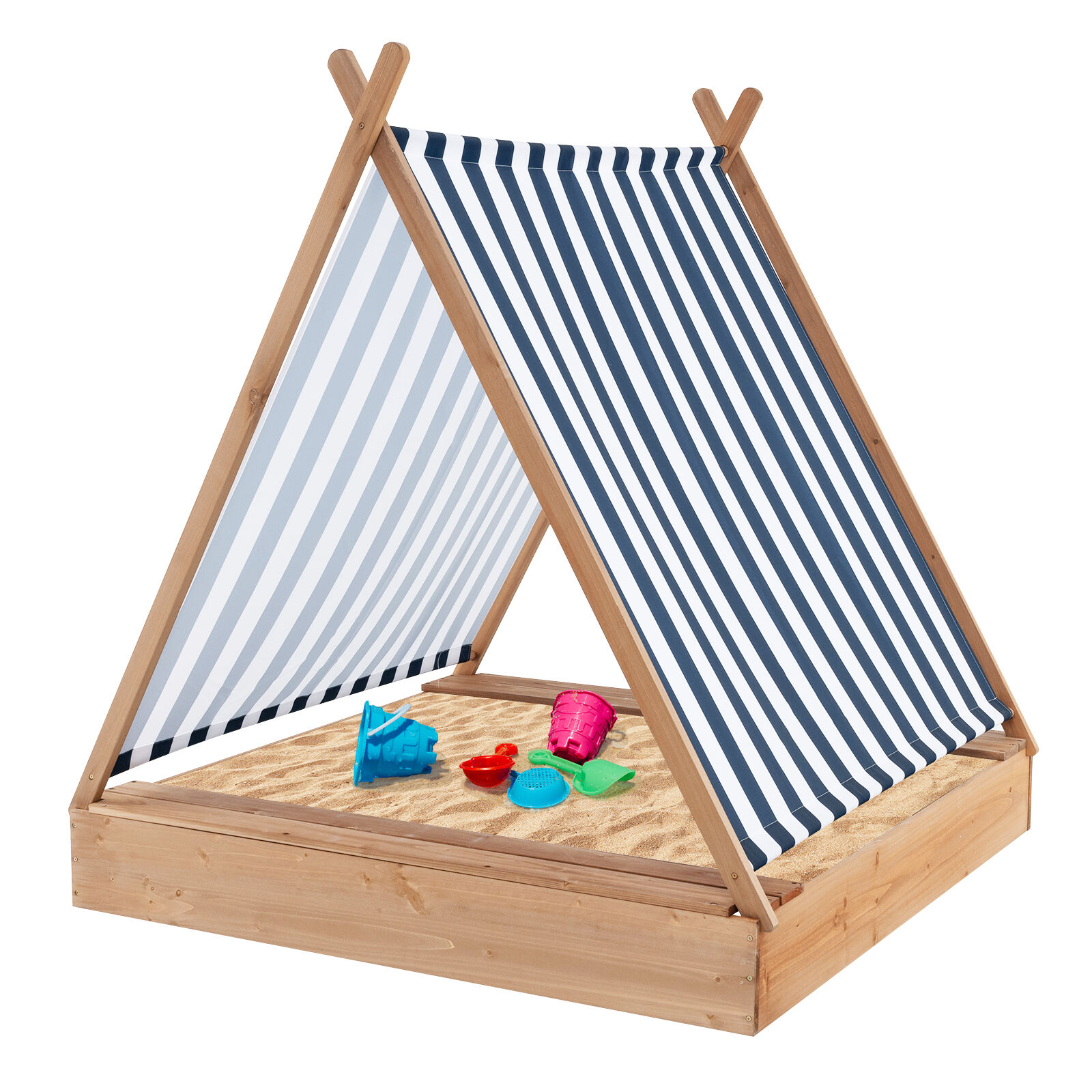 49 x 48 Inch Kids Wooden Sandbox with Cover and Two Bench Seats