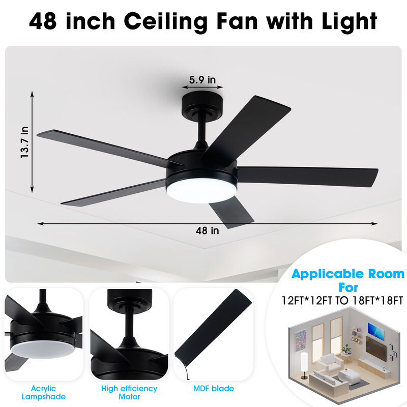 48 in. Smart Matte Black Integrated LED Ceiling Fan with APP Control and Remote