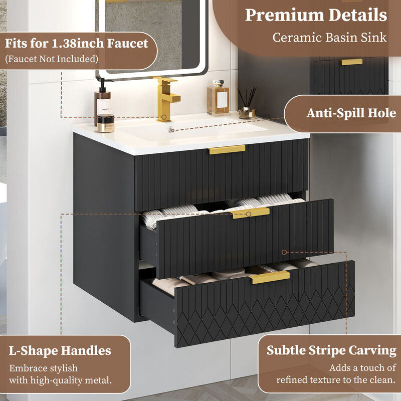 ELEMENT ACE Modern Wall Mounted Floating Bathroom Cabinet with Ceramic Basin Sink image number 6