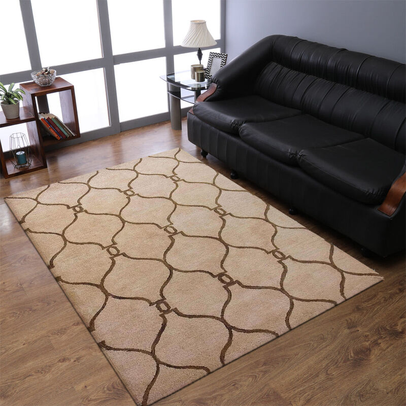 RUGSOTIC CARPETS HAND TUFTED WOOL ECO-FRIENDLY AREA RUGS  - 9'x12', Rectangle Shape, Light Gold Brown, Geometric Modern Design, High Pile Handmade Area Rugs for Living Room, Bed Room (K01004)