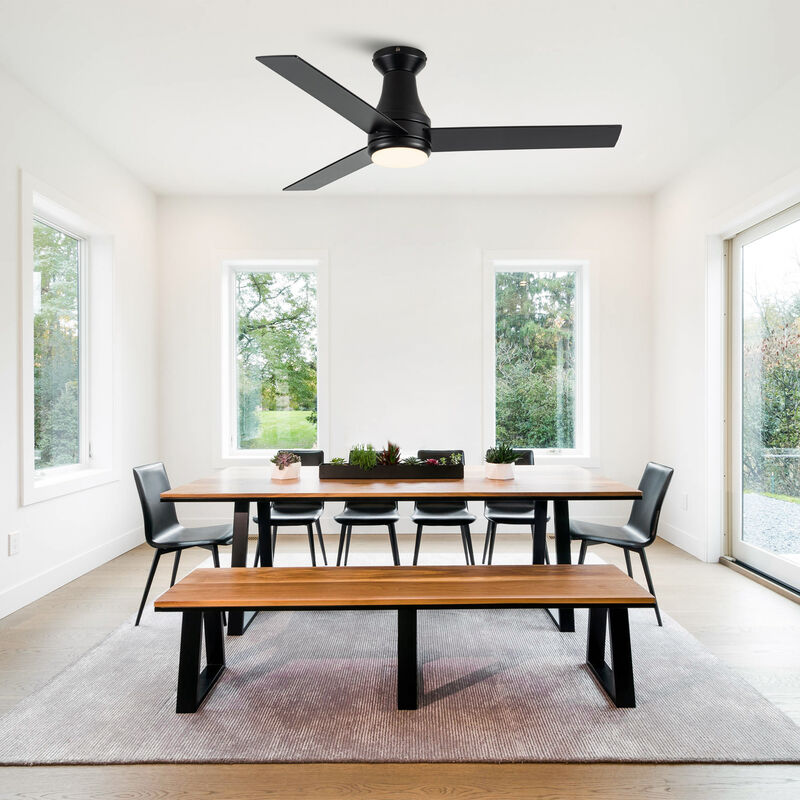 48" Industrial Black Flush Mount Ceiling Fan with Light and App Control