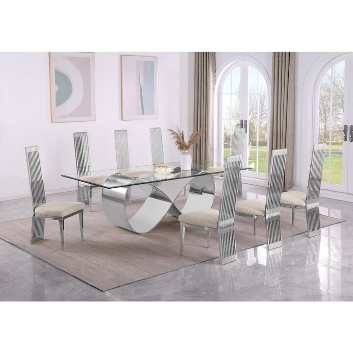 Best Quality Furniture 9Pc Tempered Glass Dining Set With 8 Cream Boucle Fabric Side Chairs