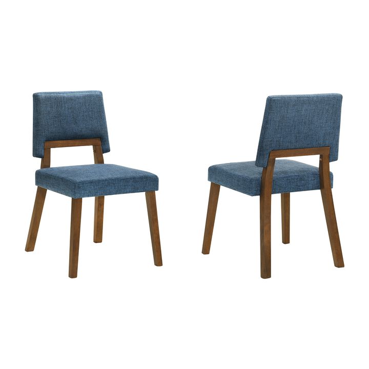 Yumi 23 Inch Dining Chair, Set of 2, Blue Fabric Seat, Walnut Brown - Benzara