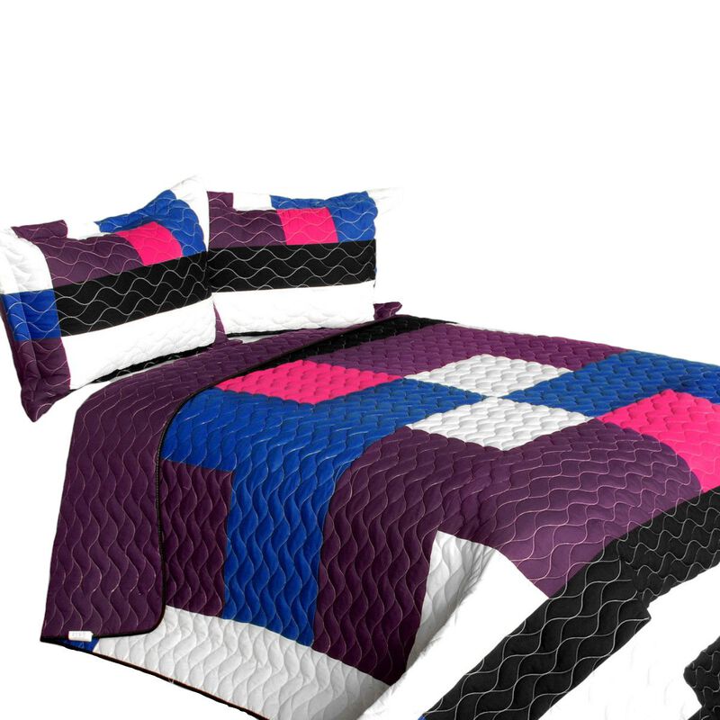 3 Piece Vermicelli Quilted Patchwork Quilt Set in Sideman Design-Purple image number 1