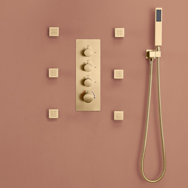 Mondawe 3 Functions Ceiling Mounted Thermostatic Shower System with 6 Body Jets and Rough-in Valve in Chrome