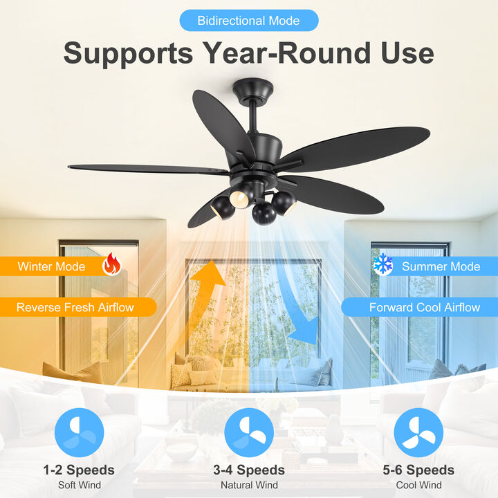 Breezary 52" Ceiling Fan with Lights, 5 Blades, G9 Bulbs Included, Remote Control, 6 Speeds