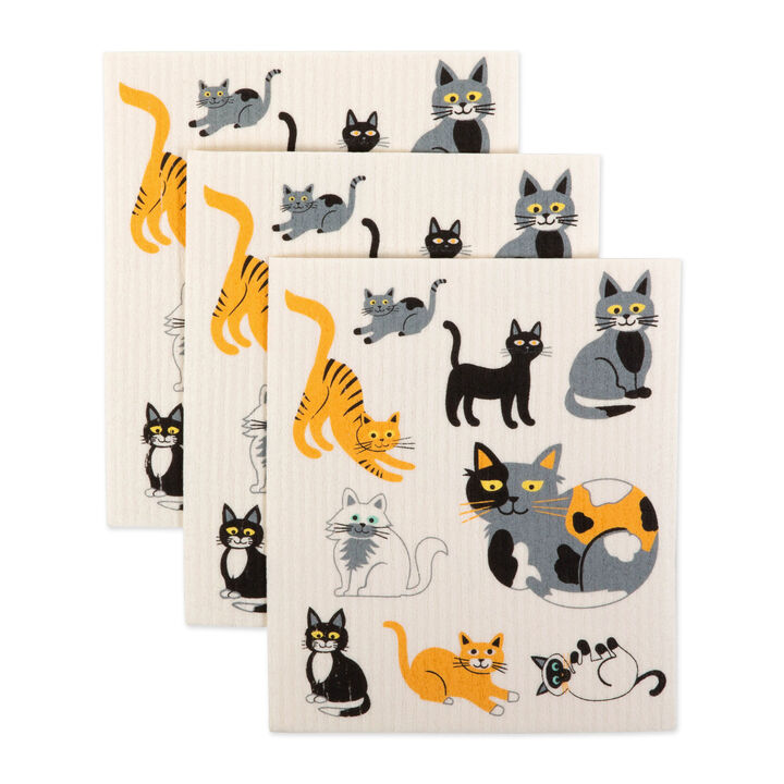 Set of 3 Rectangular Microfiber Dishcloth with Cats Design 7.75"