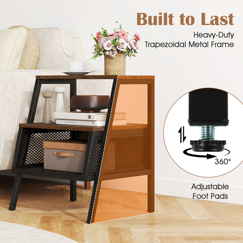 3-Tier End Table with 2 Open Shelves and Metal Mesh Compartment image number 4