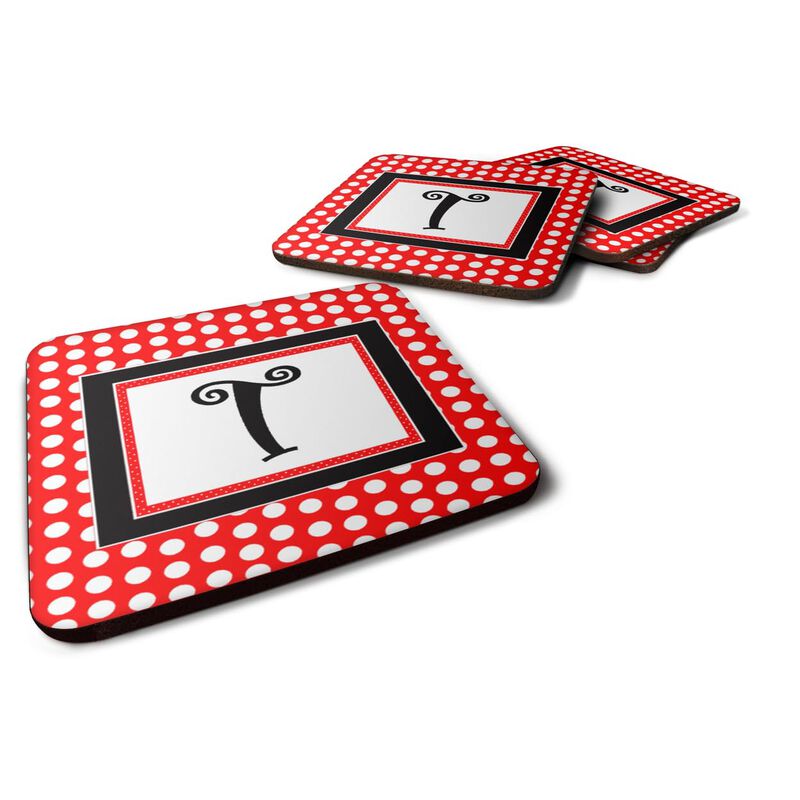 Caroline's Treasures CJ1012-TFC Monogram-Red Black Polka Dots Foam Coasters (Set of 4), Initial Letter T, 3.5 H x 3.5 W, Multicolor