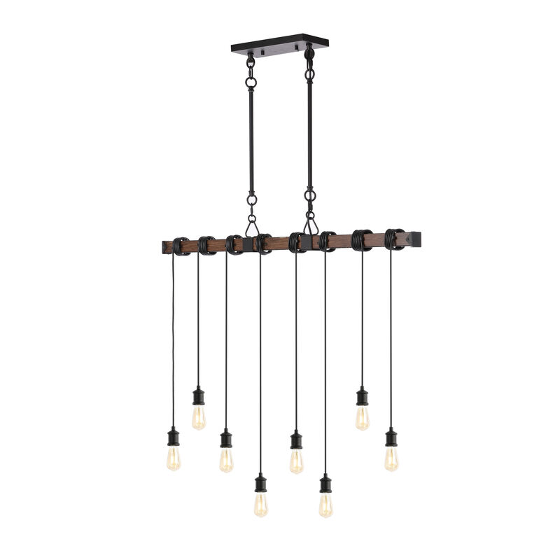 Rhys 8-Light Vintage Industrial Driftwood Iron LED Linear Chandelier with Height Adjustable Bulbs