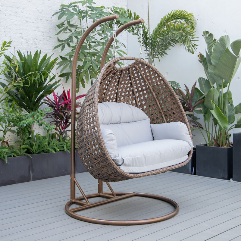LeisureMod Mendoza Modern Wicker Hanging 2 person Egg Swing Chair Removable Cushion