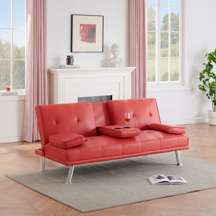 67" Red Leather Multifunctional Double Folding Sofa Bed for Office with Coffee Table