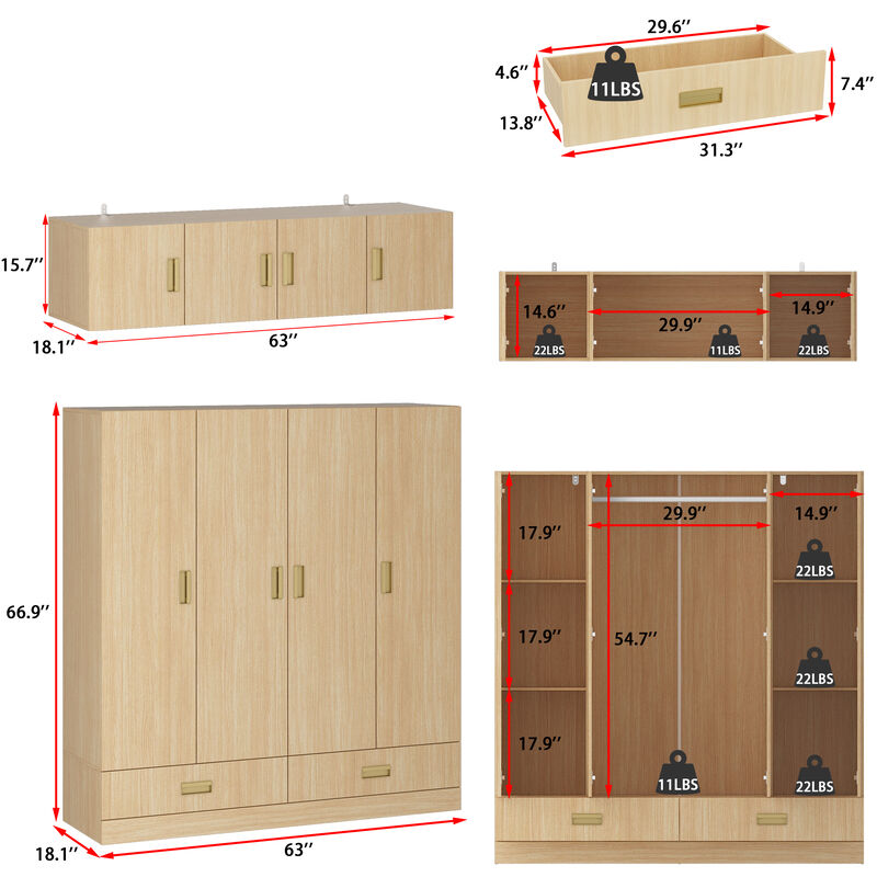 FUFU&GAGA Natural Wood 4-Door Wardrobe, MDF & Rubberwood Construction (63" W x 66.9" H x 18.1" D), Natural Wood Finish image number 9