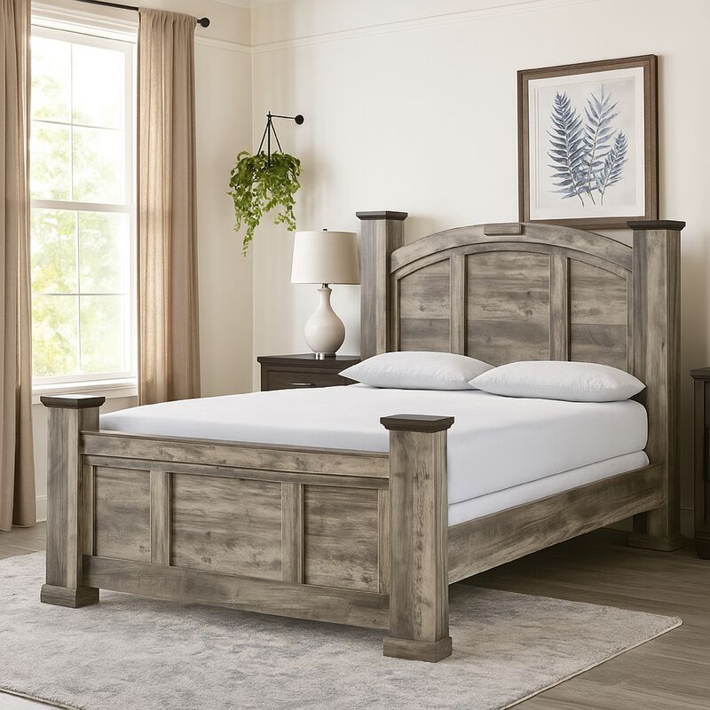 Elaya Queen Panel Bed, Arched Crown Headboard, Weathered Gray Wood