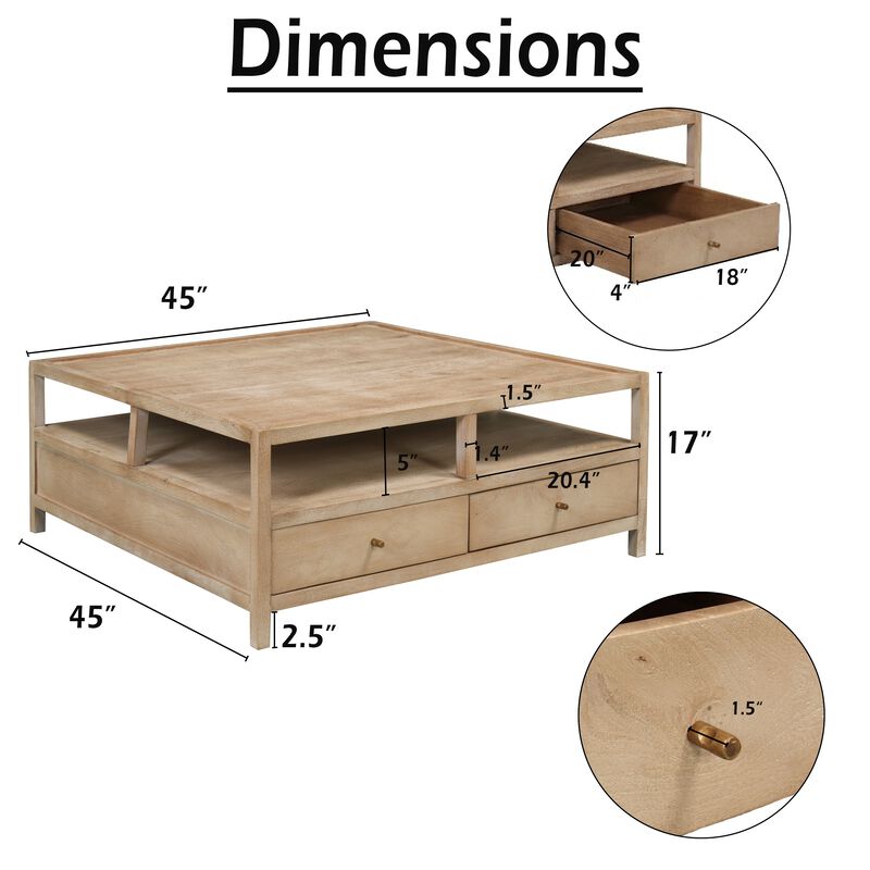 Hika 45 Inch Square Coffee Table, 4 Storage Drawers and Open Shelf, Light Brown Mango Wood image number 4