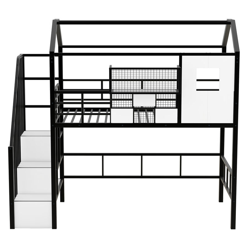 Whisen Twin Metal Loft Bed with roof design and a storage box- Black 
