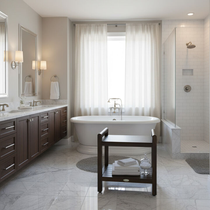 DecoTeak Eleganto 21"H Teak Wood Shower Bench with LiftAide® Arms and Shelf in Woodland Brown Finish