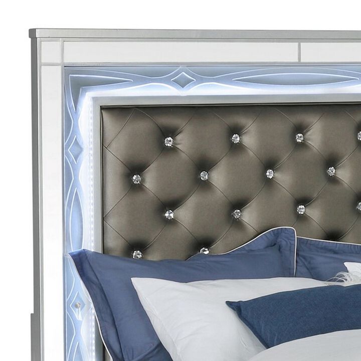 Gina California King Panel Bed, LED, Gray Faux Leather Upholstery, Silver - Benzara