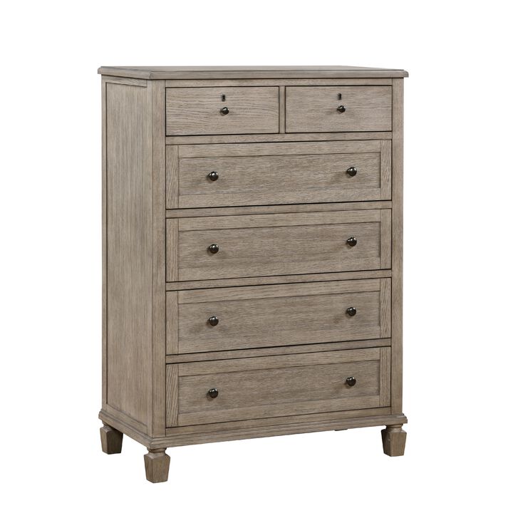 Cely Tall Dresser Chest, 6 Drawers, Gray Oak Wood, Nickel Tone Knobs  - Benzara