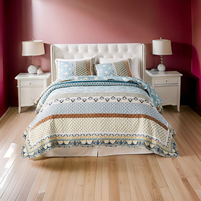 Ello 3pc King Size Quilt and Pillow Sham Set, Bohemian Print, Multicolor - Benzara