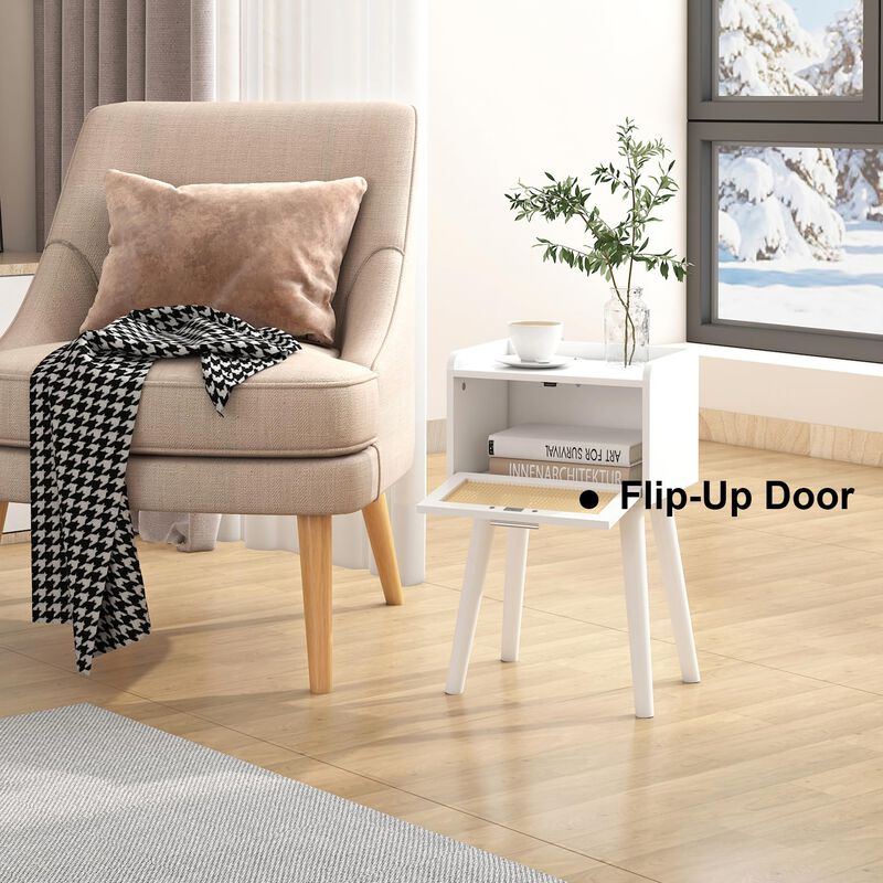 LAATOOREE Nightstand Set of 2, Small White Bedside Table, End Table with Rattan Door, Boho Side Table with Solid Wood Legs for B