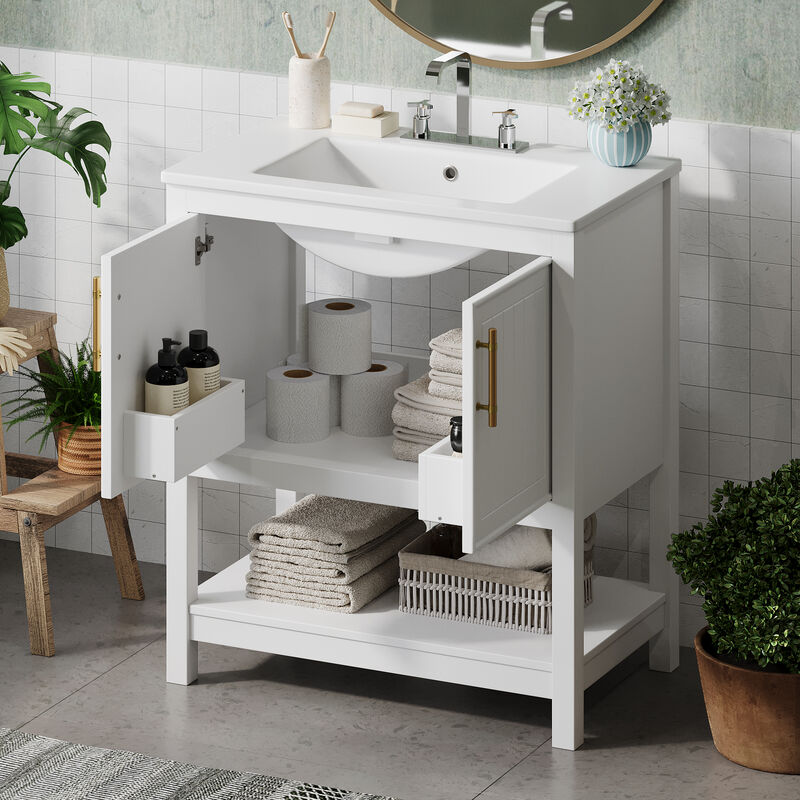 Whisen 30" Bathroom Storage Cabinet Bathroom Vanity with Ceramic Sink, Soft Close Doors and Open Shelf
