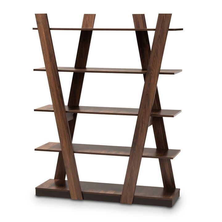Baxton Studio Michio Modern Walnut Brown Finished 5 Tier Geometric Living Room Display Shelf