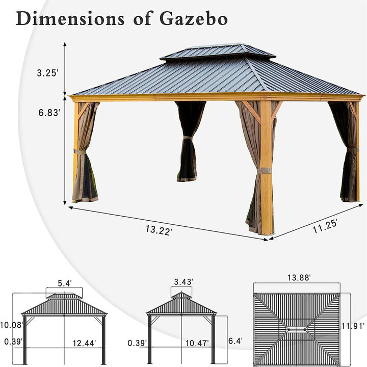 12'x 14' Hardtop Gazebo, Wooden Coated Aluminum Frame Canopy with Galvanized Steel Double Roof, Outdoor Permanent Metal Pavilion with Curtains and Netting for Patio, Deck and Lawn(Wood-Looking)
