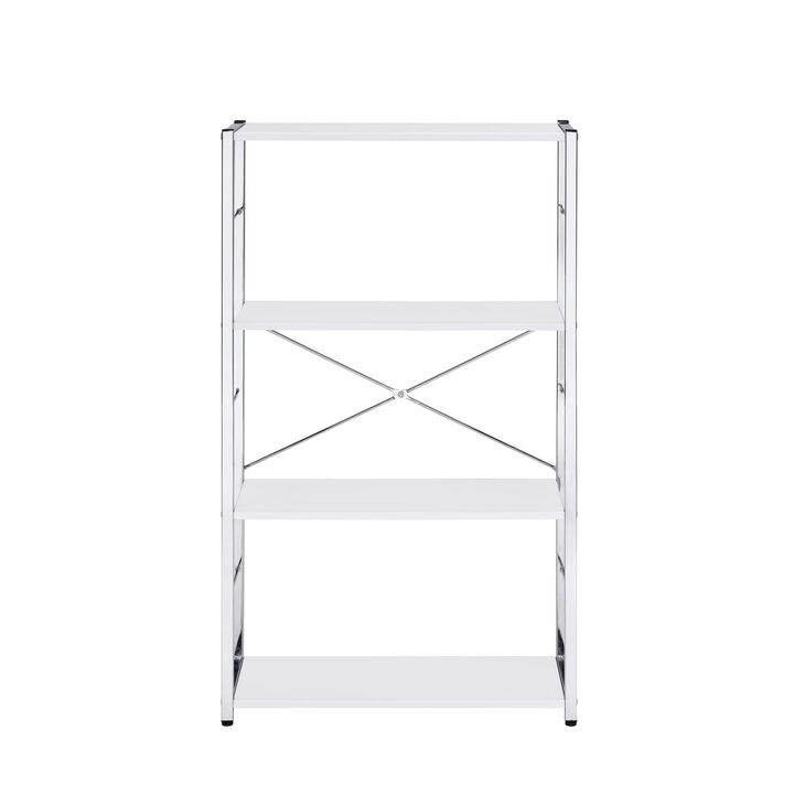 Bookshelf with X Shaped Cross Bar Chrome Finish, White