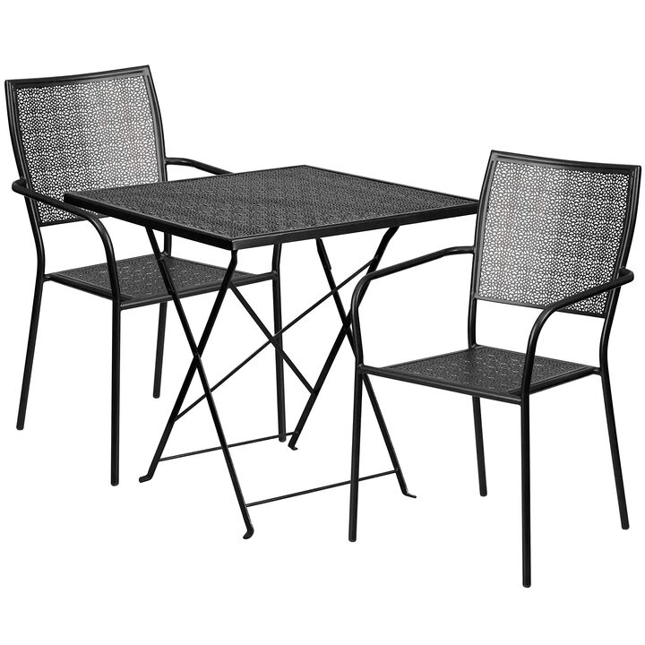 Flash Furniture Oia Commercial Grade 28" Square Black Indoor-Outdoor Steel Folding Patio Table Set with 2 Square Back Chairs