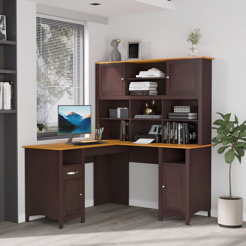 L-Shaped Computer Desk with Storage Shelves, Home Office Desk with Drawers and Cabinets, Coffee Brown