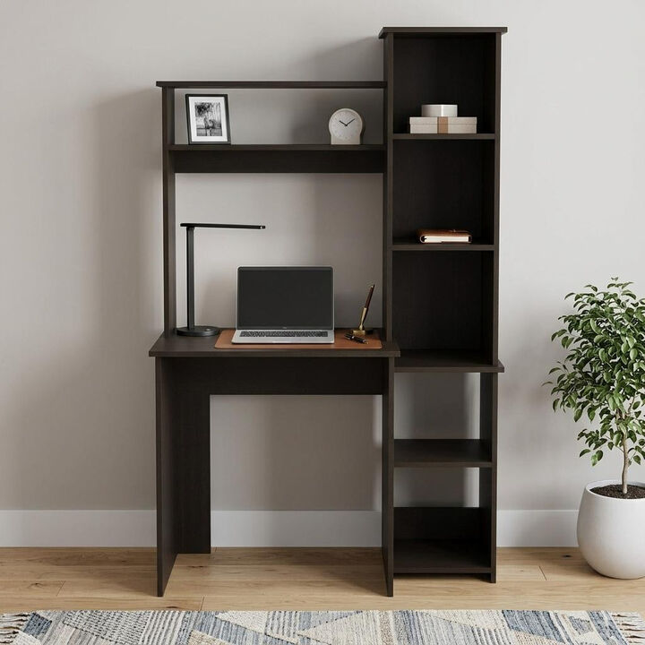 HomeRoots 39" Charcoal Wood Pedestal Computer Desk With Hutch