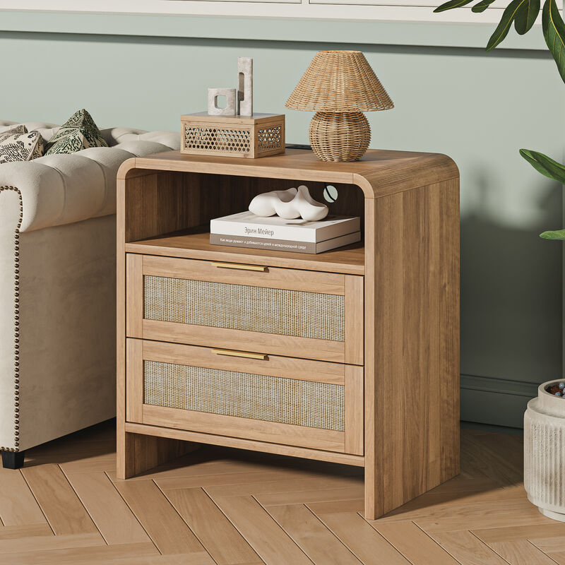 22.8" Wide Rattan Nightstand with USB Charging Station