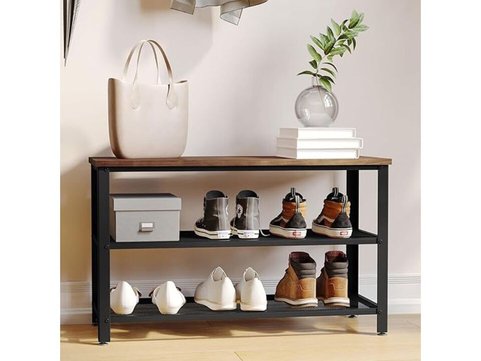 Entryway Metal Shoe Rack 3 Tier Brown Easton Mesh Shelves Wooden