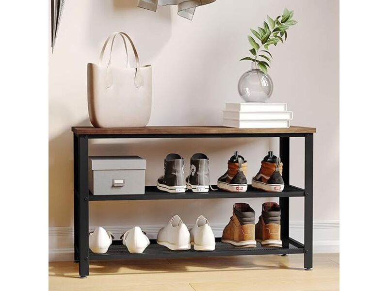 Entryway Metal Shoe Rack 3 Tier Brown Easton Mesh Shelves Wooden image number 1