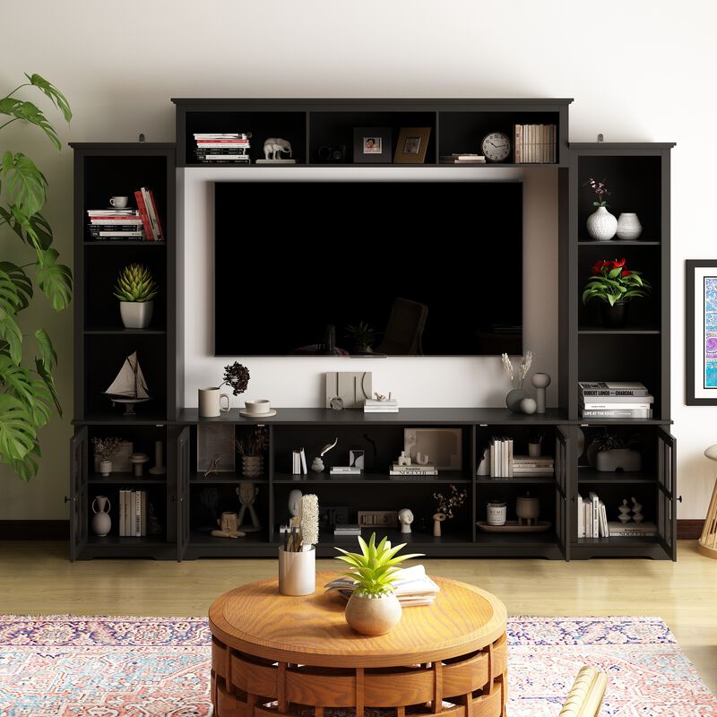 Black Wood TV Stand Fits TV's up to 75 in. with Top Open Shelves, Bookcase and Tempered Glass Door Cabinet