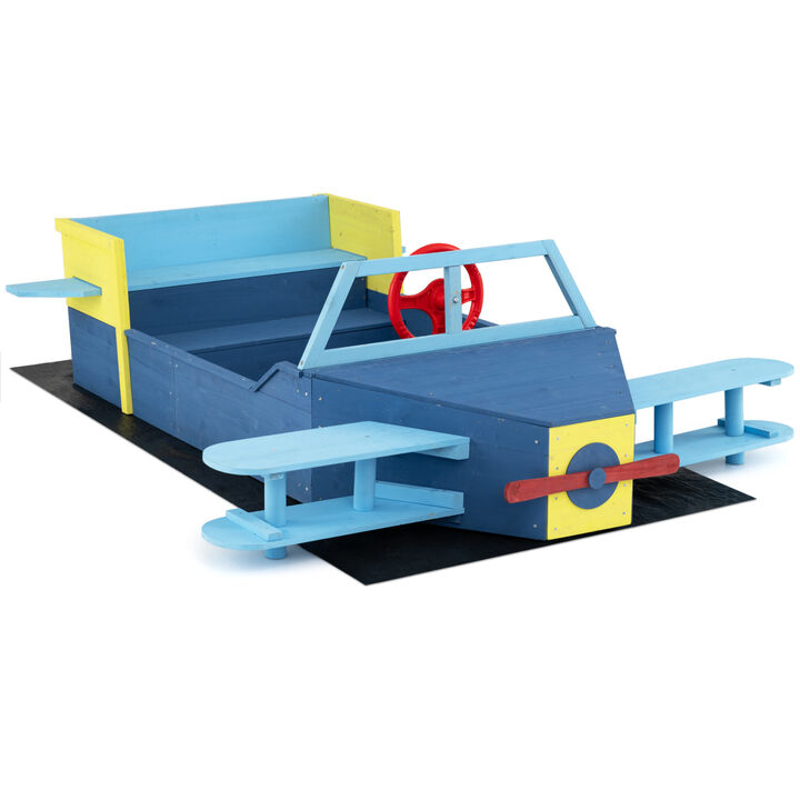 Kids Wooden Sandbox with Bottom Liner and Bench Seats - Blue