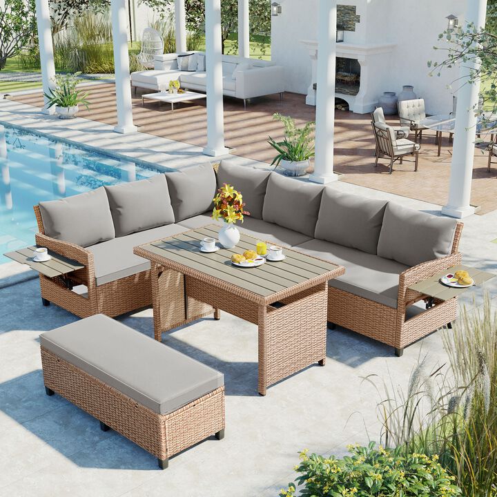 Merax Outdoor Patio Rattan Sectional Sofa Table Bench Set