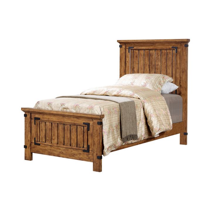 Cottage Style Twin Size Bed with Plank Detailing and Metal Accents, Brown - Benzara