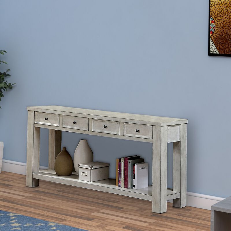 Transitional Wooden Console Table with 4 Drawers and Open Shelf, White-Benzara