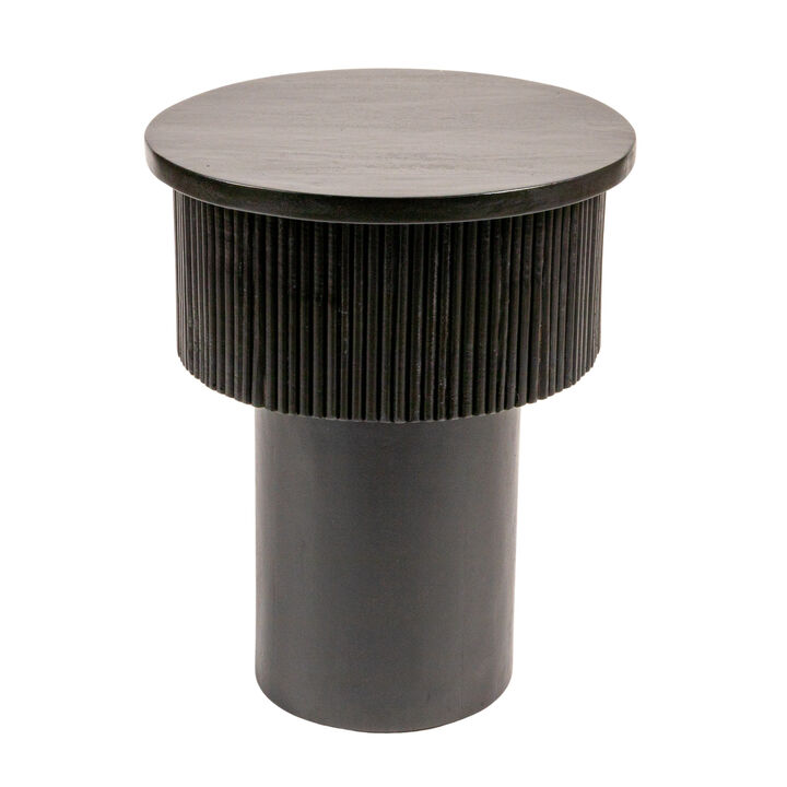 Round Mango Wood Tiered Pedestal Side Table with Ribbed Details, Black