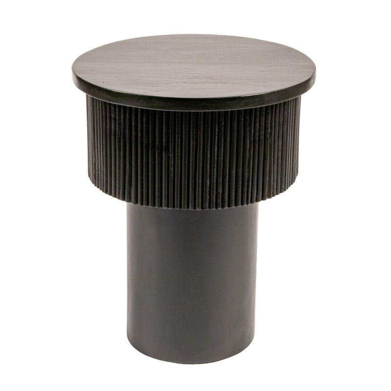 Round Mango Wood Tiered Pedestal Side Table with Ribbed Details, Black image number 0