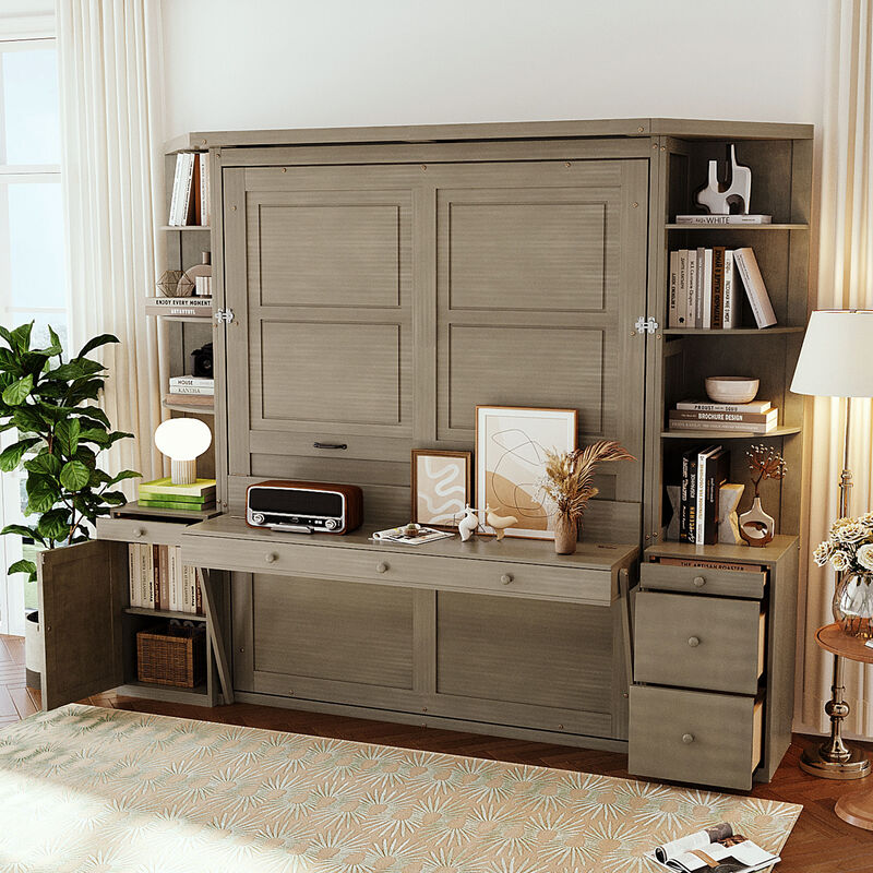 Merax Queen Murphy Bed with Desk, Storage Shelves and Cabinets image number 2