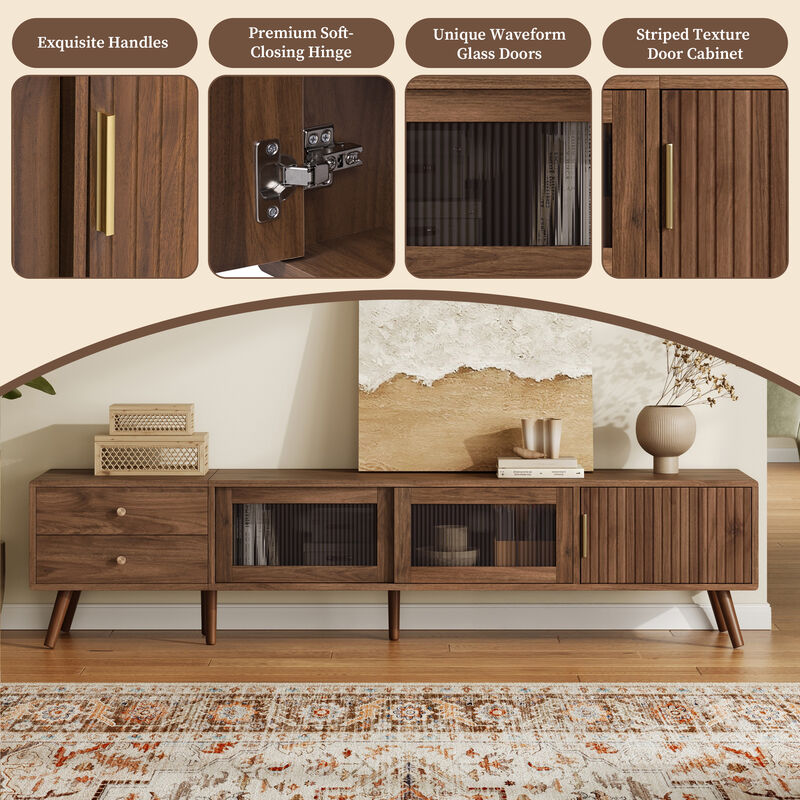 Merax TV Stand with Waveform Glass Doors, 2 Deep Drawers, Striped Texture Cabinets image number 3